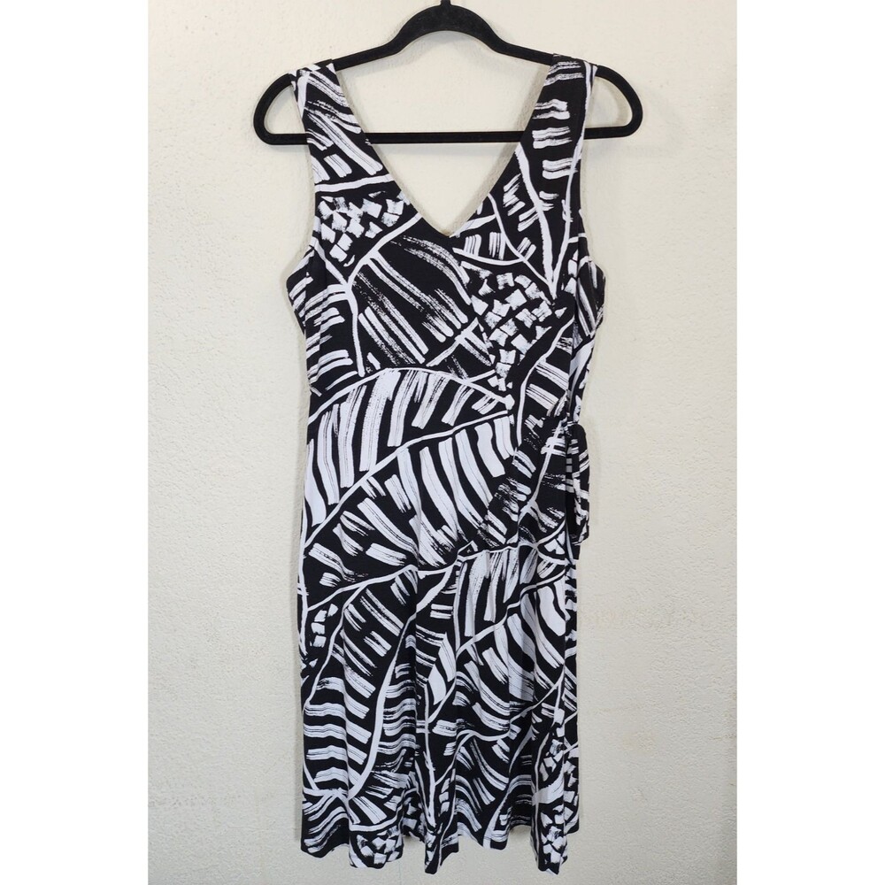 NIC+ZOE Dress Medium Black White Abstract Brushstroke Side Tie Ruched Sleeveless
